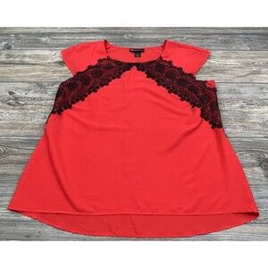 Lane Bryant Blouse Size 14/16 Red With Black Lace Accent Cap Sleeve Polyester